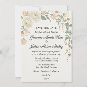 Invitation Renoncule botanique vintage et pois de senteur