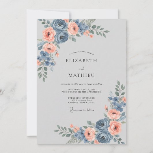 Invitation Renoncule Corail Ardoise Mariage Sage (Devant)