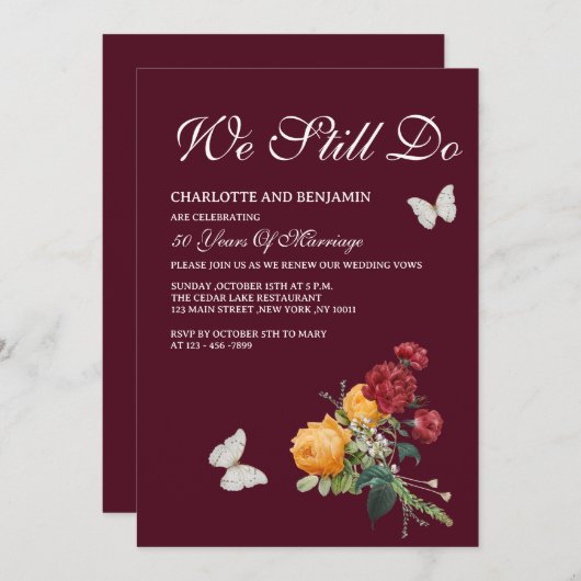 Invitation Renouvellement de Voeux de Roses Jaunes Rouges Vin (Devant / Derrière)