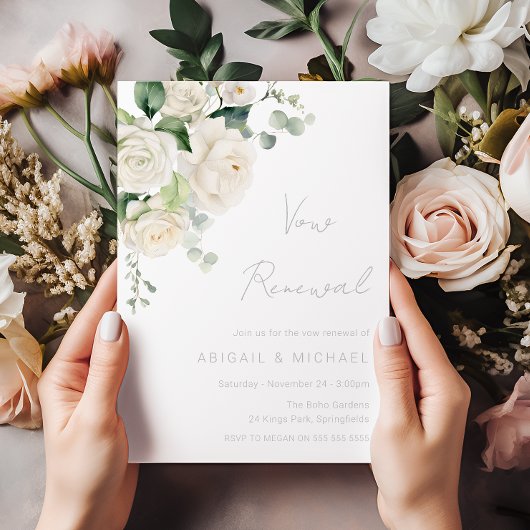 Invitation Renouvellement de Vœux Elégant Divin Roses Blanche