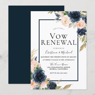 Invitation Renouvellement de vœux élégant floral bleu marine 