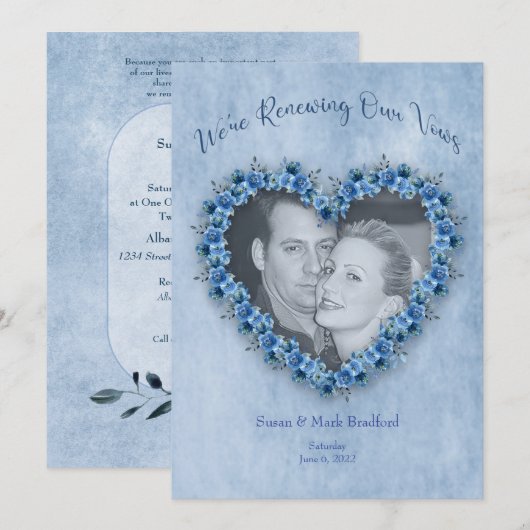 Invitation Renouvellement de Vows Mariages Blue Roses Heart P (Devant / Derrière)