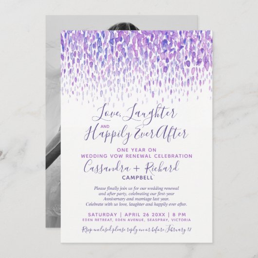 Invitation Renouvellement du voeu mariage violet 1 an après h (Devant / Derrière)