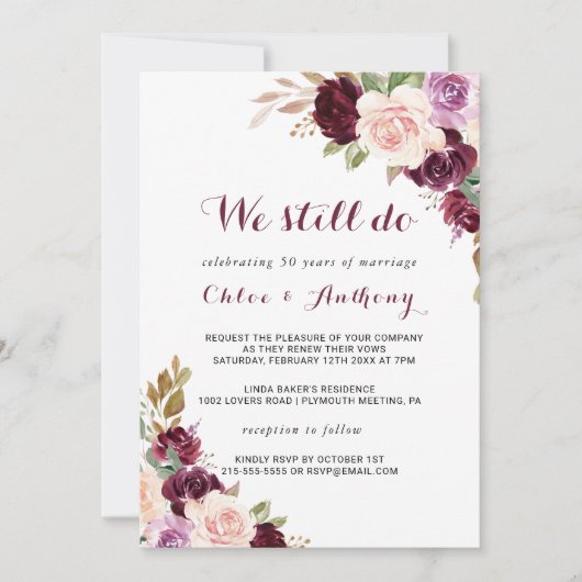 Invitation Renouvellement du Vow Floral Bourgogne vert (Devant)