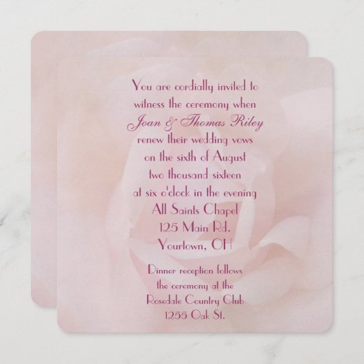 Invitation Renouvellement du Vow Mariage rose (Devant / Derrière)