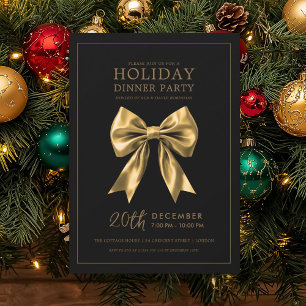 Invitation Repas de fête de Noël en or Ruban de satin noir