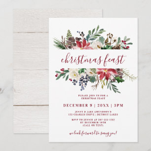 Invitation Repas de Noël Aquarelle Floral Bordeaux & Marine