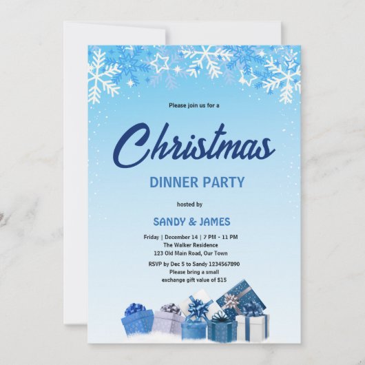 Invitation repas de Noël bleu cadeaux boules (Devant)