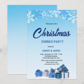 Invitation repas de Noël bleu cadeaux boules (Devant / Derrière)