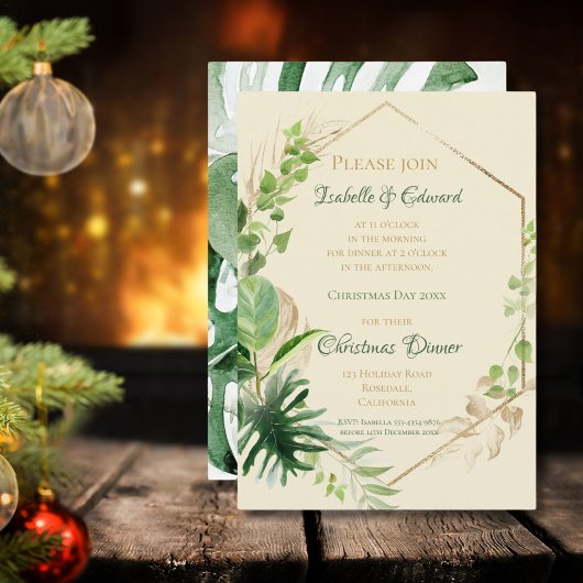 Invitation Repas de Noël Tropical Vert avec Feuilles Dorées