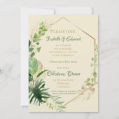 Invitation Repas de Noël Tropical Vert avec Feuilles Dorées (Devant)