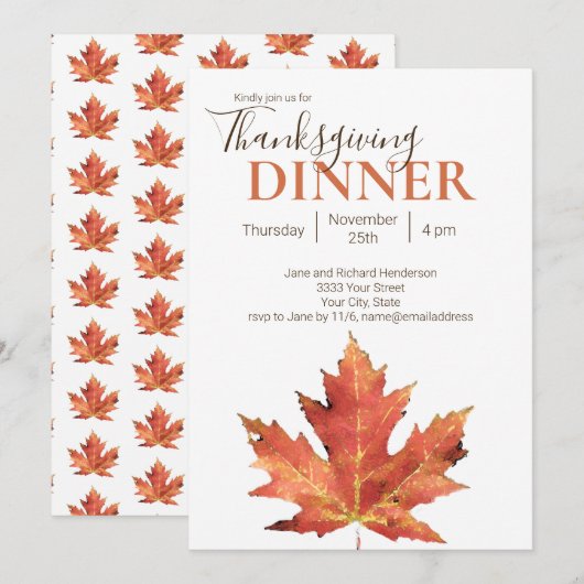 Invitation Repas de Thanksgiving aux feuilles automnales mode (Devant / Derrière)