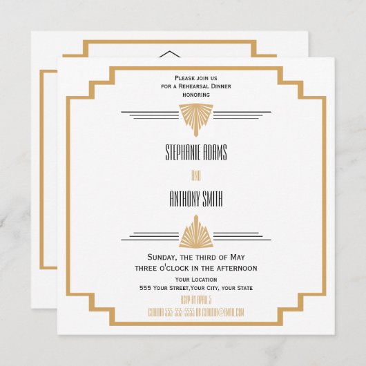 Invitation Répétition Art Déco Noir, Or et Blanc (Devant / Derrière)