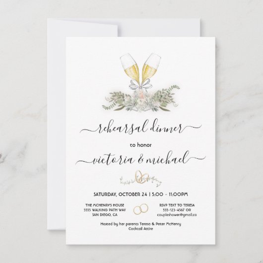 Invitation Répétition Champagne Dîner d'aquarelle fleurie (Devant)
