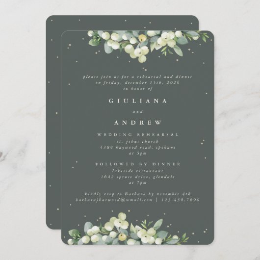 Invitation Répétition de mariage au Snowberry Gris Vert+Eucal (Devant / Derrière)