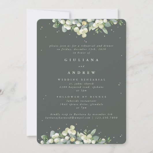 Invitation Répétition de mariage au Snowberry Gris Vert+Eucal (Devant)