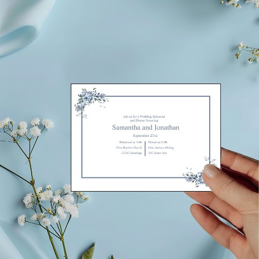 Invitation Répétition de mariage florale bleu poussiéreux mod