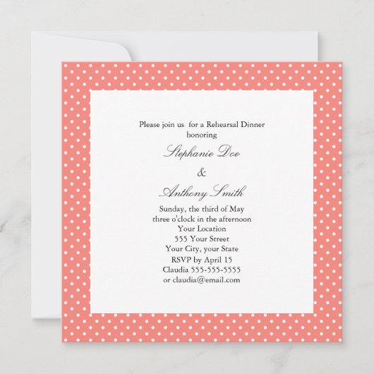 Invitation Répétition de points de Polka blanc et rose corail (Devant)