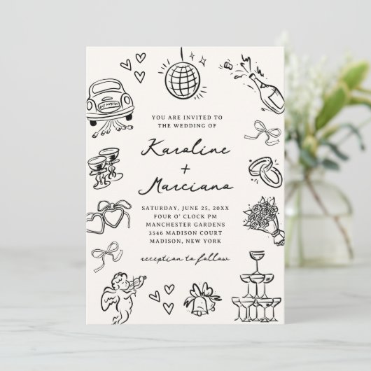 Invitation Répétition des doodles à main lunaire Code QR (Debout devant)