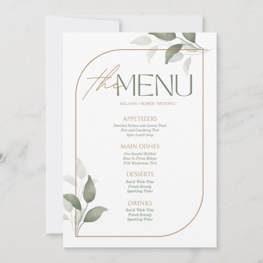Invitation Répétition esthétique verte & or, Menu Mariage (Devant)