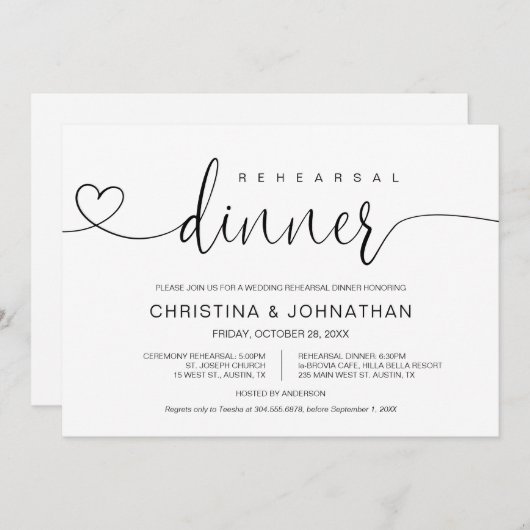 Invitation Répétition et dîner Mariage, calligraphie moderne (Devant / Derrière)