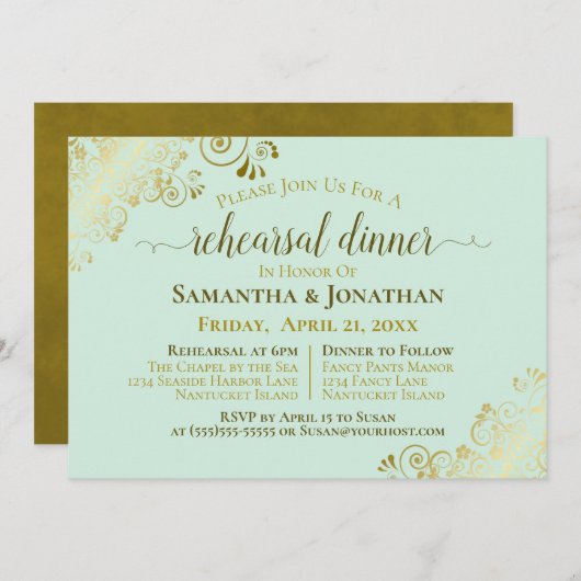 Invitation Répétition et dîner Mariage Gold & Neo Mint Green (Devant / Derrière)