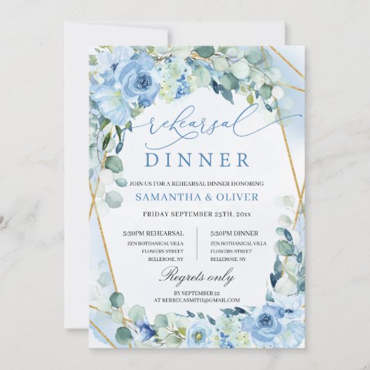 Invitation Répétition géométrique Boho Dusty Blue Floral Gold (Devant)