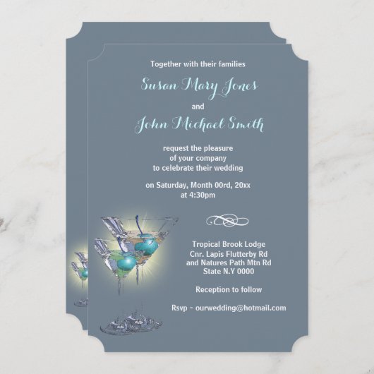 Invitation Répétition mariage à cocktails bleu blanc (Devant / Derrière)