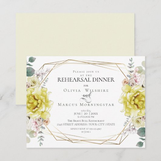 Invitation Répétition mariage | Aquarelle Peonies jaunes (Devant / Derrière)