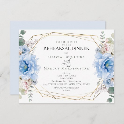 Invitation Répétition mariage | Aquarelle Sky Blue Peonies (Devant / Derrière)