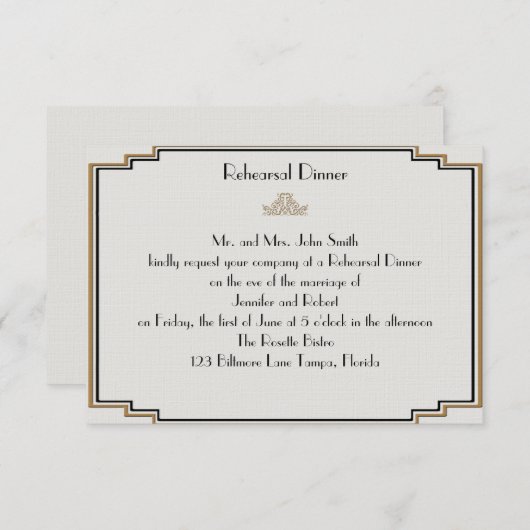 Invitation Répétition Mariage Art Déco Gold Posh (Devant / Derrière)