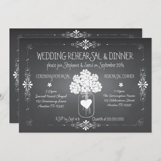 Invitation Répétition Mariage Chalkboard et dîner Mason Jar (Devant / Derrière)