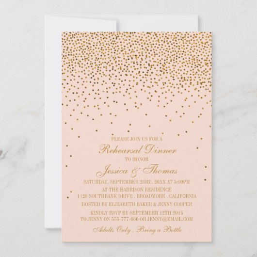 Invitation Répétition Mariage de Confetti en or rose et glam (Devant)