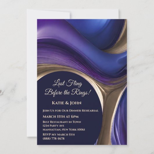 Invitation Répétition mariage-Dnner - Bleu pourpre et or- (Devant)