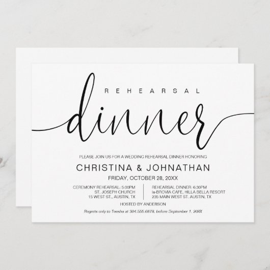 Invitation Répétition mariage et dîner, calligraphie moderne (Devant / Derrière)