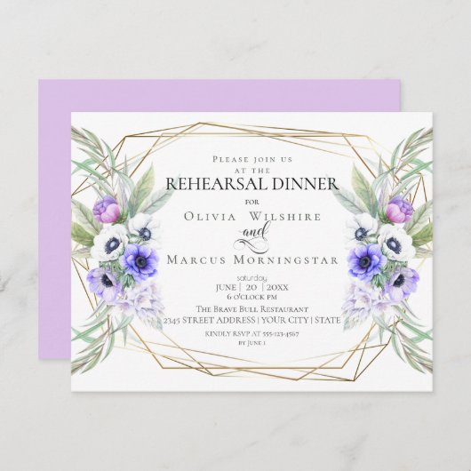 Invitation Répétition mariage | Floral d'anémone violet (Devant / Derrière)