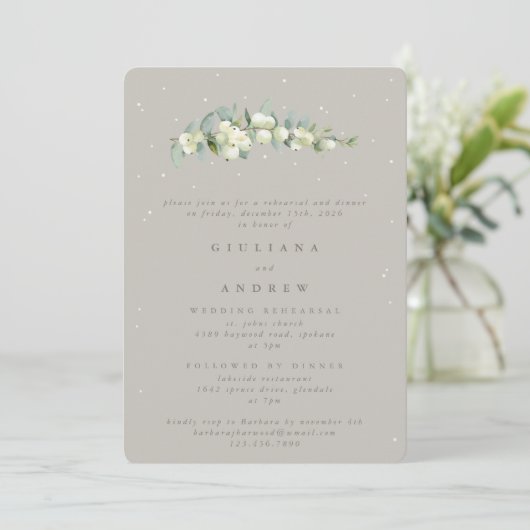 Invitation Répétition Mariage Greige Snowberry+Eucalyptus (Debout devant)