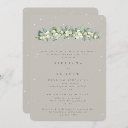 Invitation Répétition Mariage Greige Snowberry+Eucalyptus (Devant / Derrière)