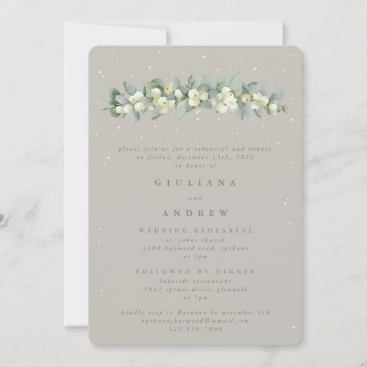 Invitation Répétition Mariage Greige Snowberry+Eucalyptus (Devant)