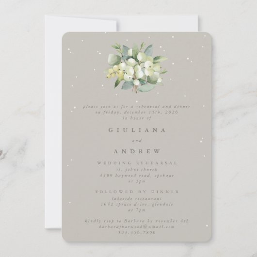 Invitation Répétition Mariage Greige Snowberry+Eucalyptus (Devant)