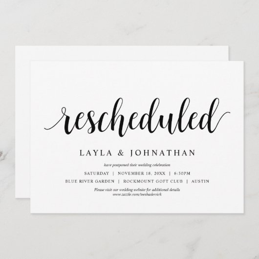 Invitation Replanifié, Mariage Modifier la date (Devant / Derrière)
