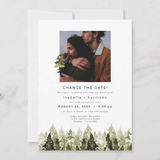 Invitation Replanifier le Mariage JENNA Rustic Pine Tree (Devant)