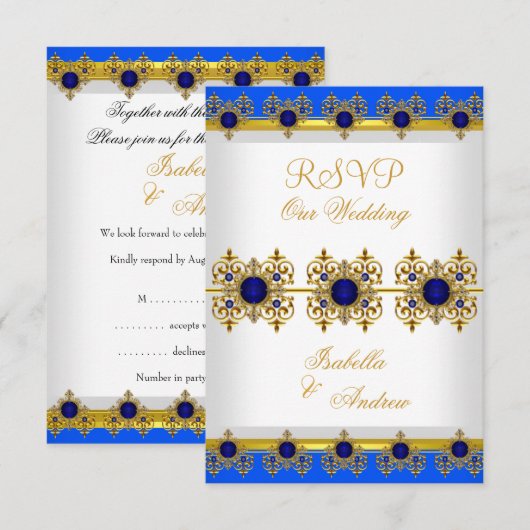 Invitation Répondre Mariage Or Bleu Royal Gem Blanc (Devant / Derrière)