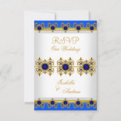 Invitation Répondre Mariage Or Bleu Royal Gemme Blanc (Devant)