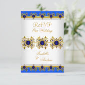 Invitation Répondre Mariage Or Bleu Royal Gemme Blanc (Debout devant)
