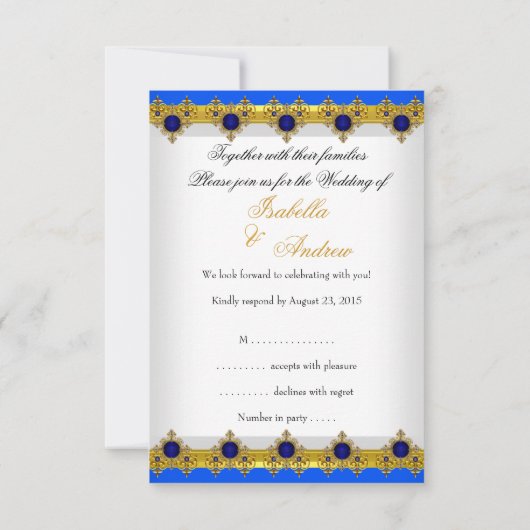 Invitation Répondre Mariage Or Bleu Royal Gemme Blanc (Dos)