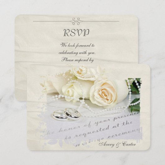 Invitation Répondre roses blanches et anneaux (Devant / Derrière)