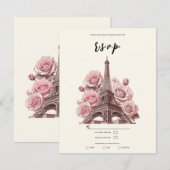Invitation Réponse au mariage Paris Tour Eiffel & Roses roses (Devant / Derrière)