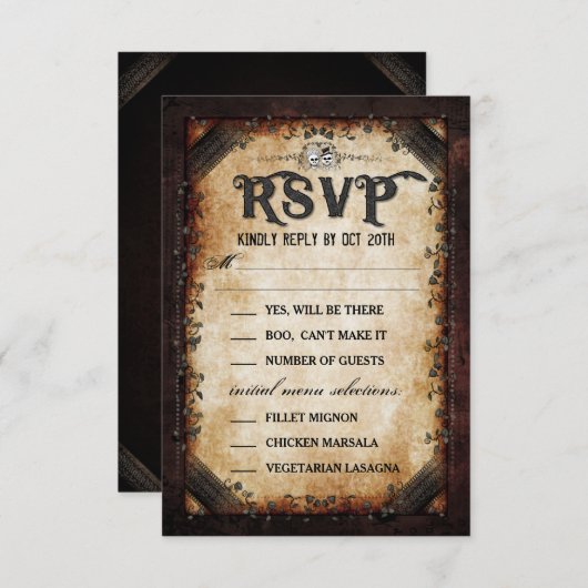 Invitation Réponse Brown Gothique Halloween squelette assorti (Devant / Derrière)