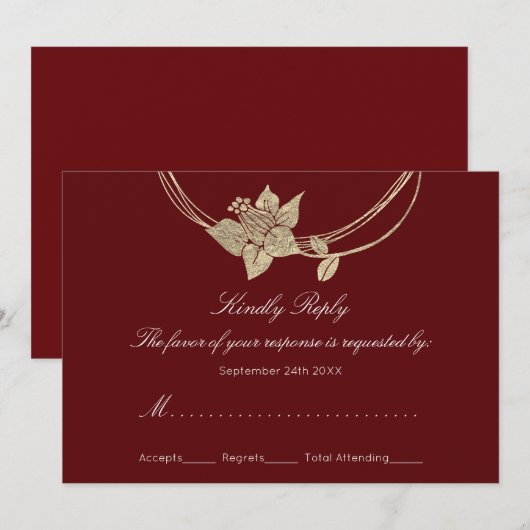 Invitation Réponse Burgundy Maroon Gold Couronne Fleurie Mari (Devant / Derrière)